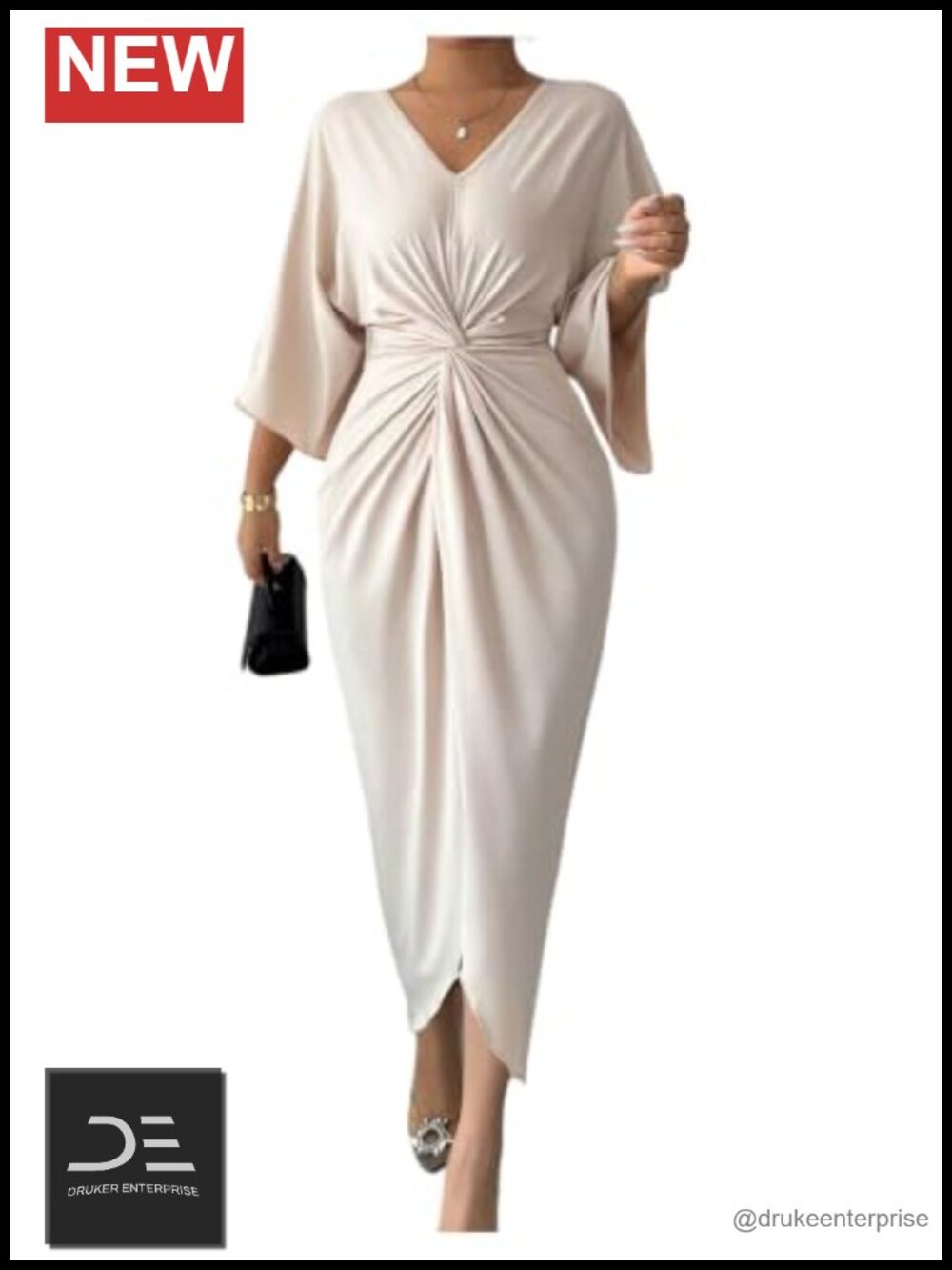 Elegant V Neck Twist Front Ruched Formal Evening Maxi Dress 3/4 Sleeve